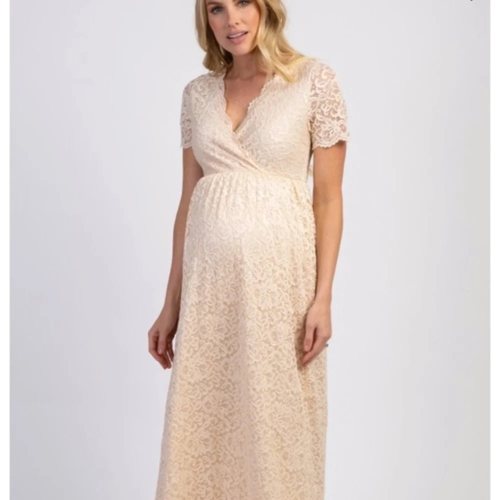 NEW* PinkBlush cream‎ Lace Overlay Wrap Maternity Maxi Dress XL